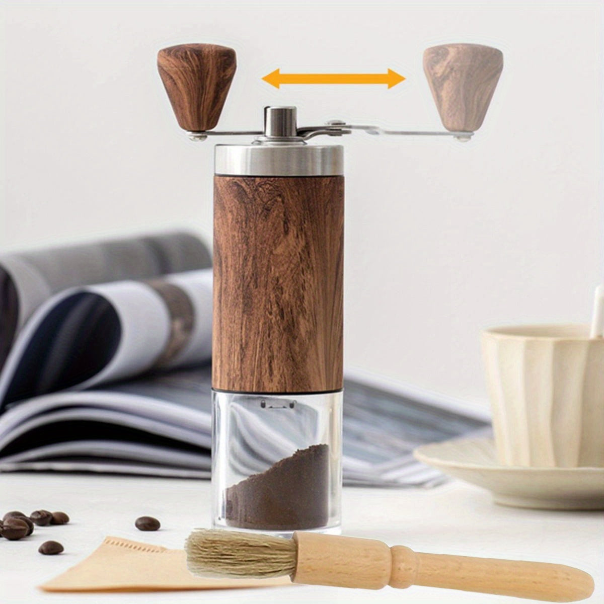 2 piezas de molinillo de café portátil de manivela con cuerpo de acero inoxidable, mango de madera y cepillo de limpieza