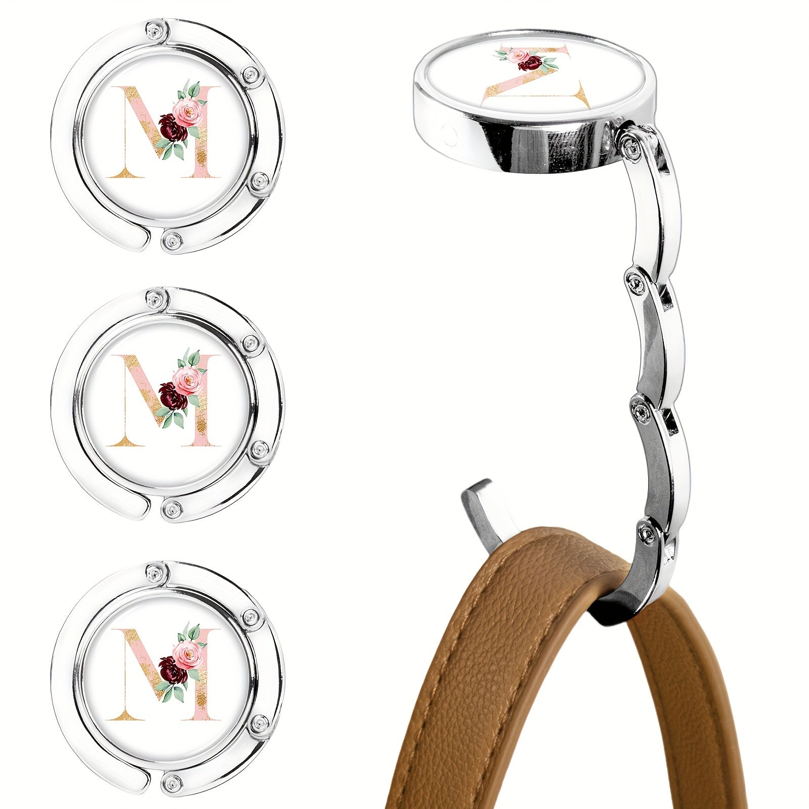 Набор из 3-х складных крючков для кошельков с цветочным дизайном букв, изготовленных из металла для подвешивания сумок на столах. Стильная подставка для сумок и органайзер для стола для женщин.