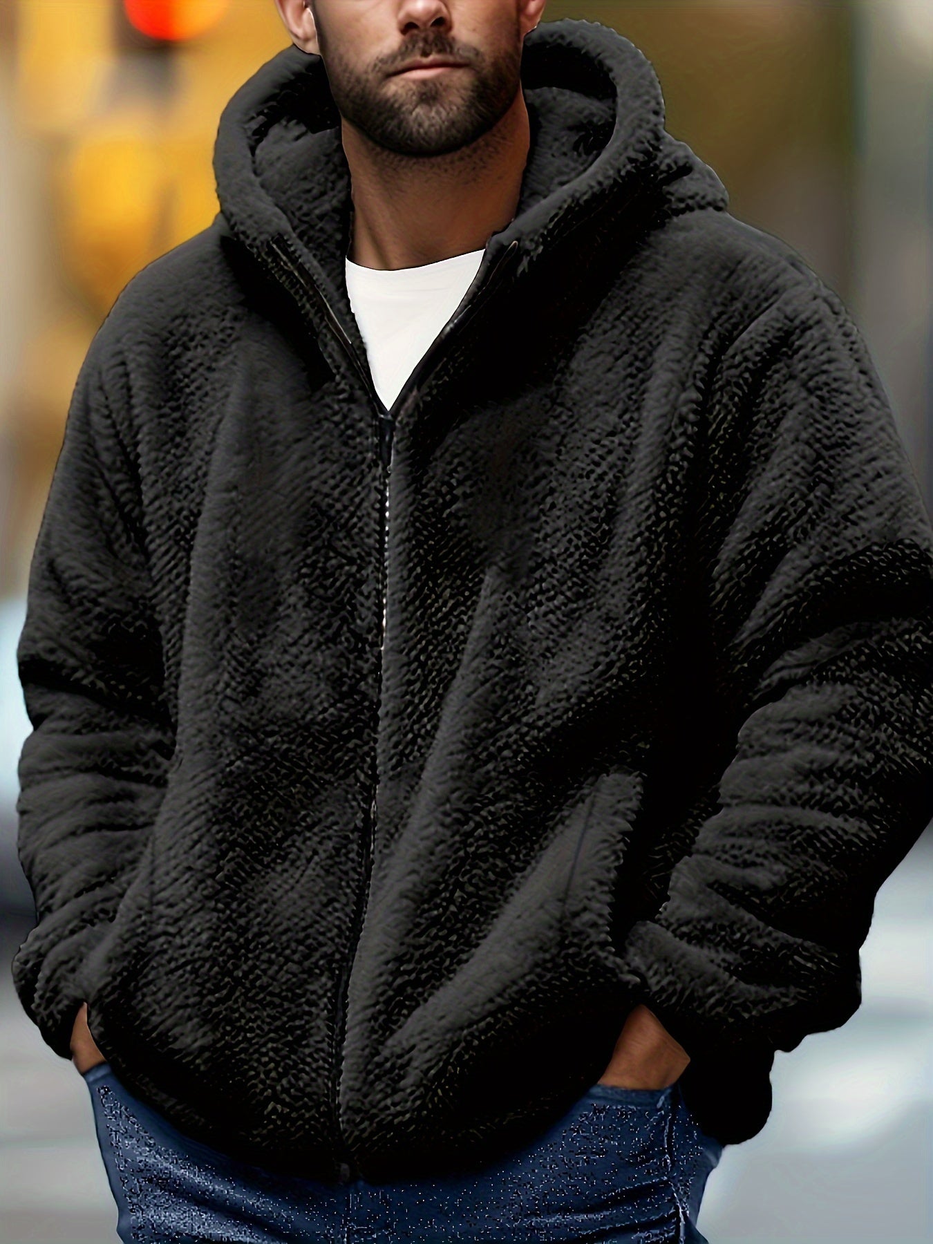 Men's Plus Size Light Gray Teddy Fleece Hooded Jacket Windproof Warm Fall Winter Outerwear