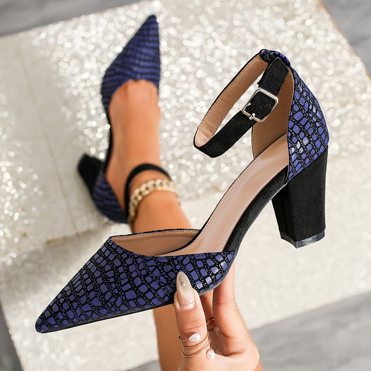 Women's Black Pointed Toe Block Heel Shoes with Metal Buckle and Checkered Pattern