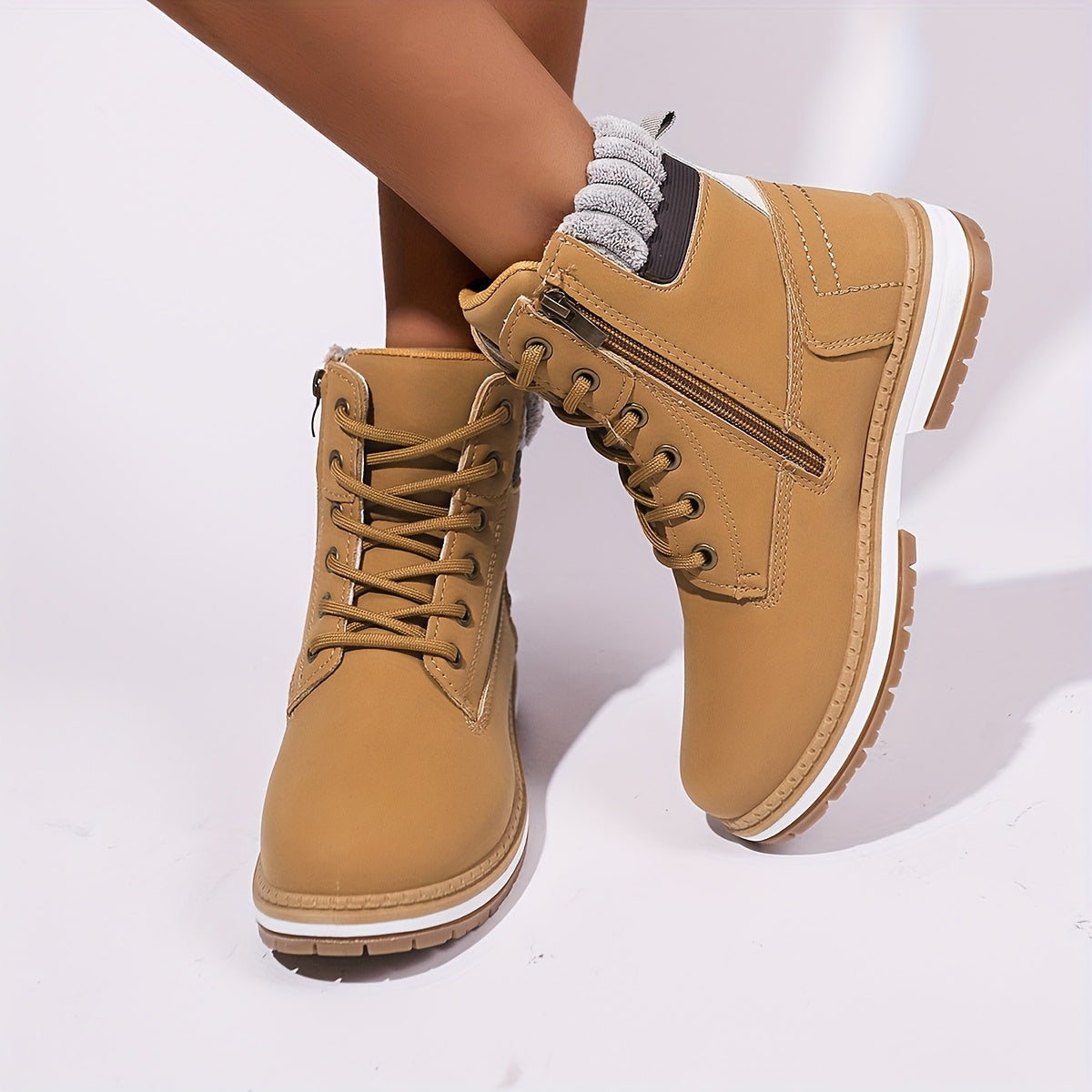 Women's Mid-Calf Ankle Boots Solid Color Flat Heel Zipper Casual Shoes