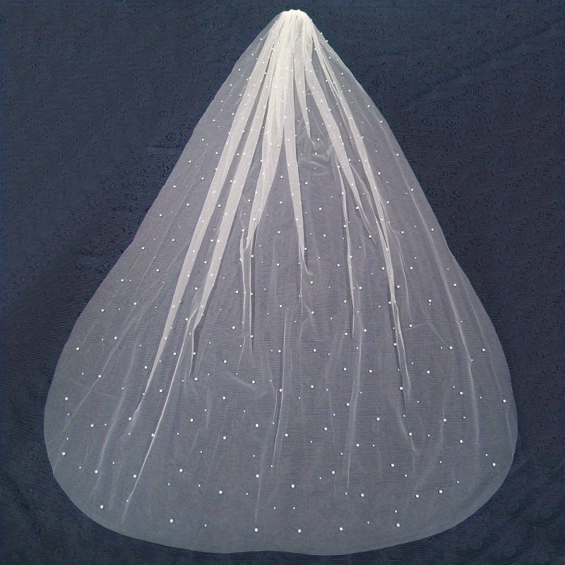 White Long Tulle Wedding Veil with Faux Pearl Accents for Bride