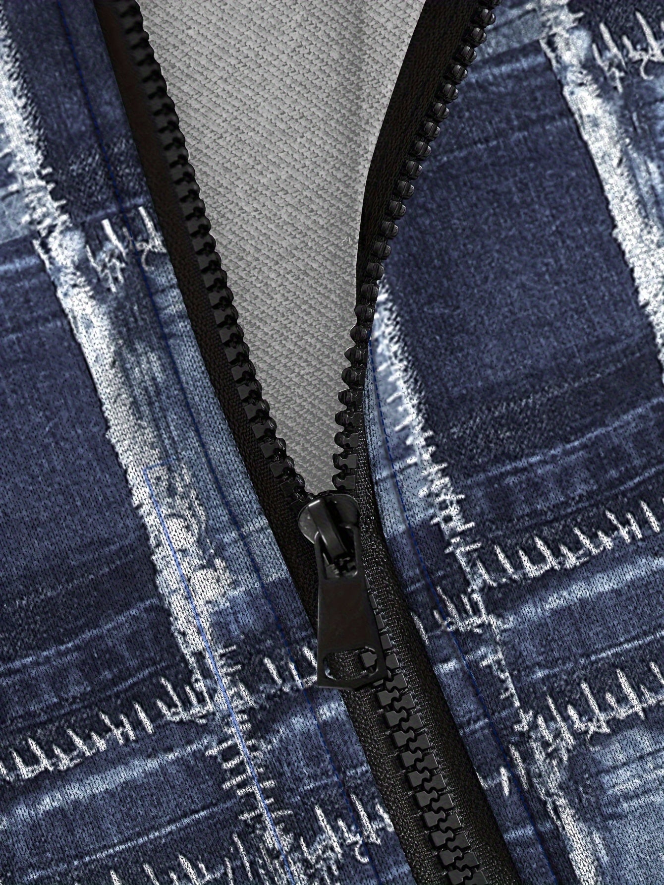 Plus Size Men's Faux Denim Print Hooded Jacket with Zipper Pockets and Machine Washable