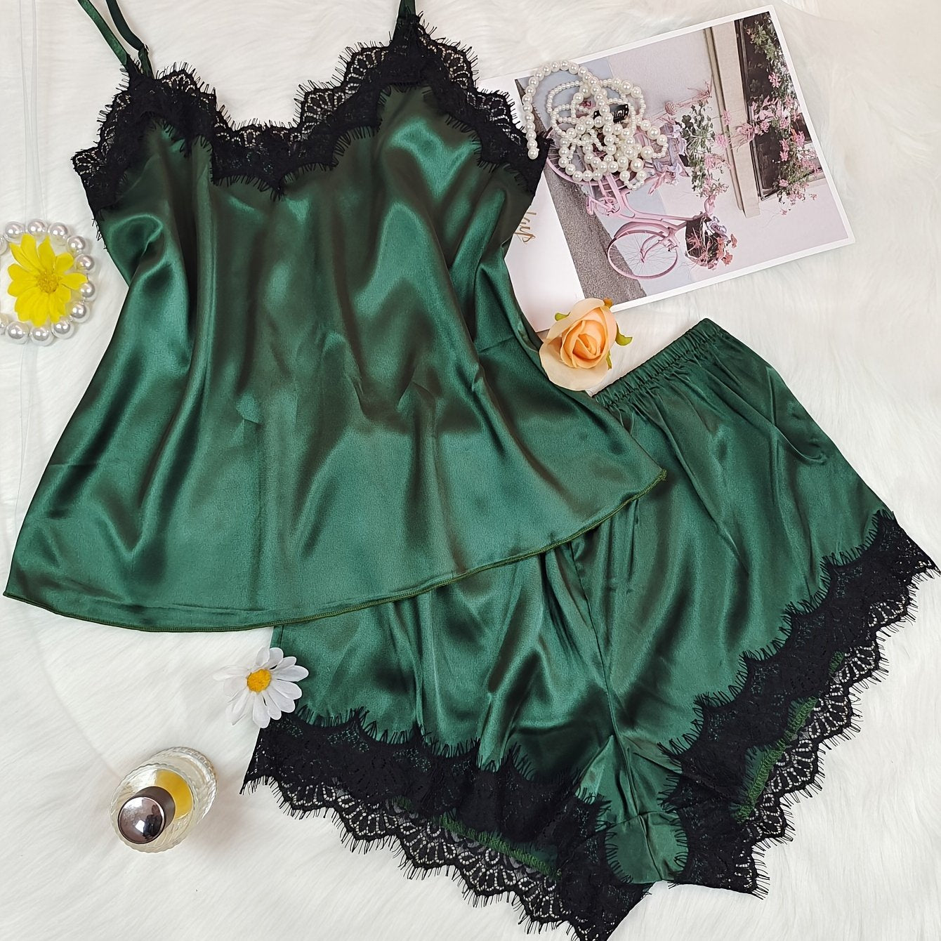 Women's Sexy Pajama Set with V-Neck Off-Shoulder Lace Trim Polyester Blend