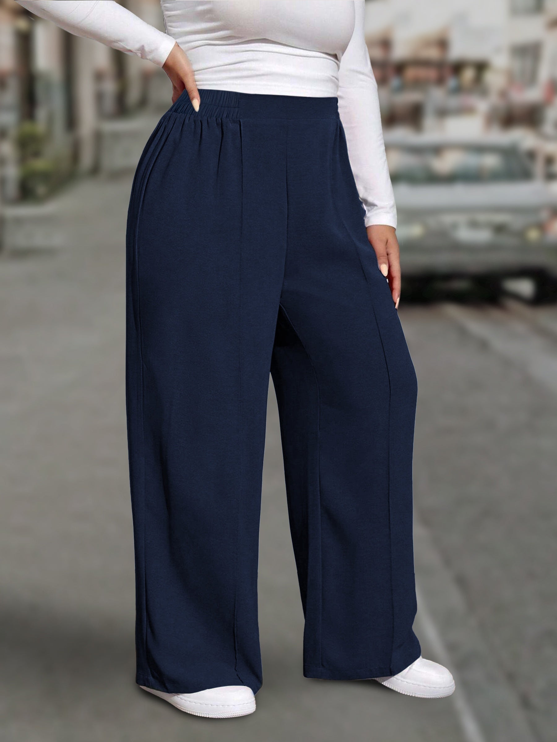 Pantalones rectos de talla grande para mujer, mezcla de poliéster, color sólido, otoño, cómodos