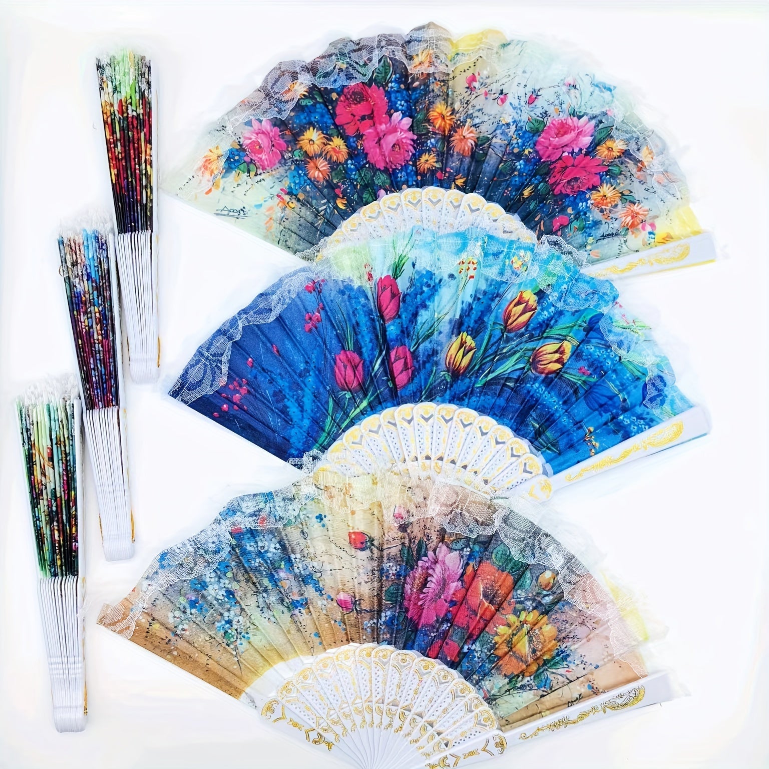 6 ta Vintage Dantel Qiyshaytirilgan Ventilyatorlar - Chiroyli Gullar naqshi, Lenindan tayyorlangan, To'ylar va Partiyalar uchun ideal