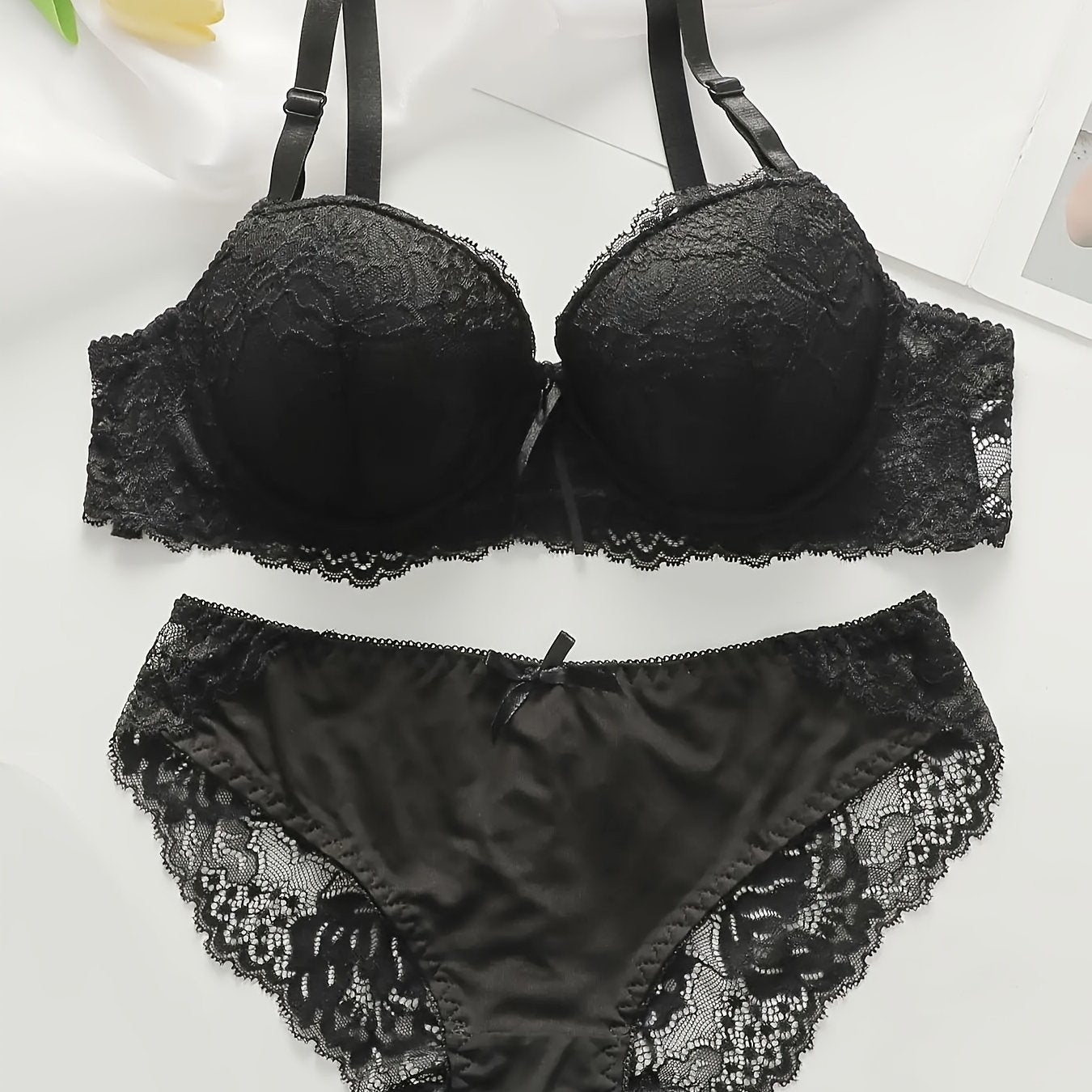 Women's Floral Lace Lingerie Set with Push-Up Bra and See-Through Briefs