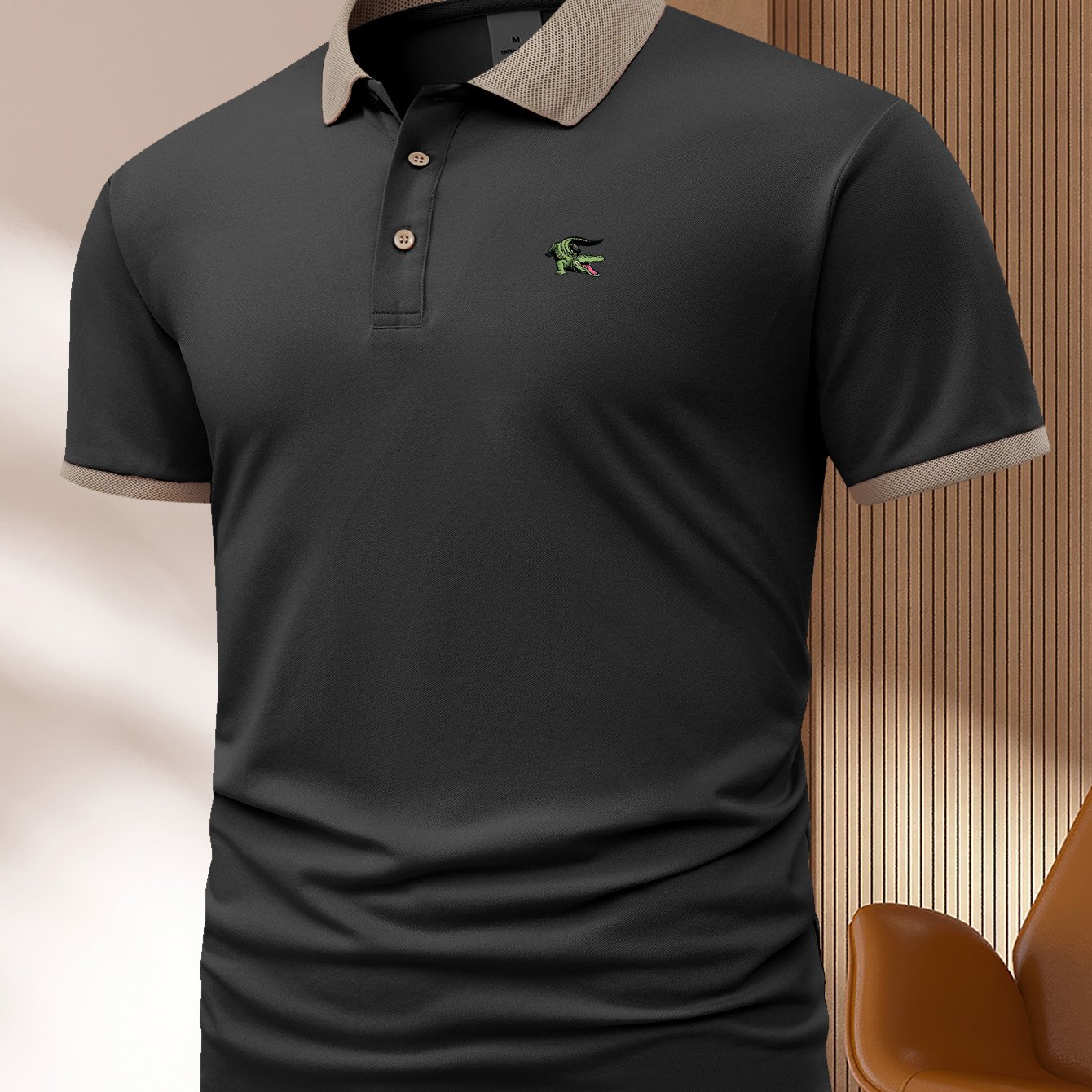 Camisa polo de punto para hombre de poliéster, verano, casual, patrón geométrico en azul marino, verde claro, caqui