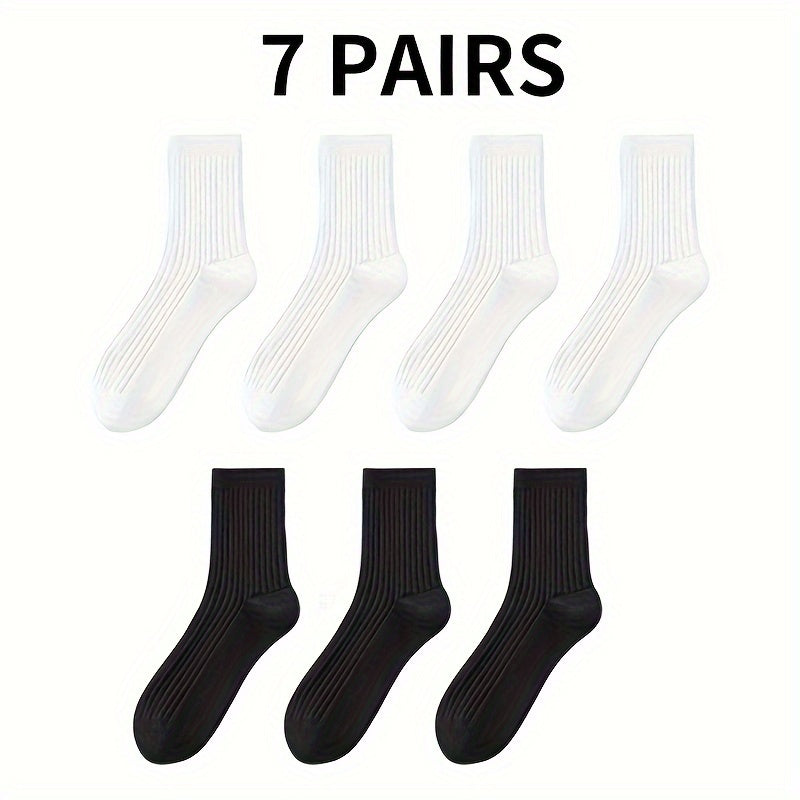 7 Pairs Black and White Thick Mid-Length Socks for Autumn Winter Breathable Comfort