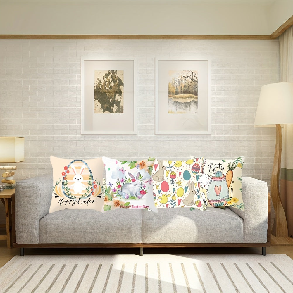 Easter Bunny and Eggs Pillow Cover Square 44cm Stain-Resistant Polyester Hidden Zipper Decor
