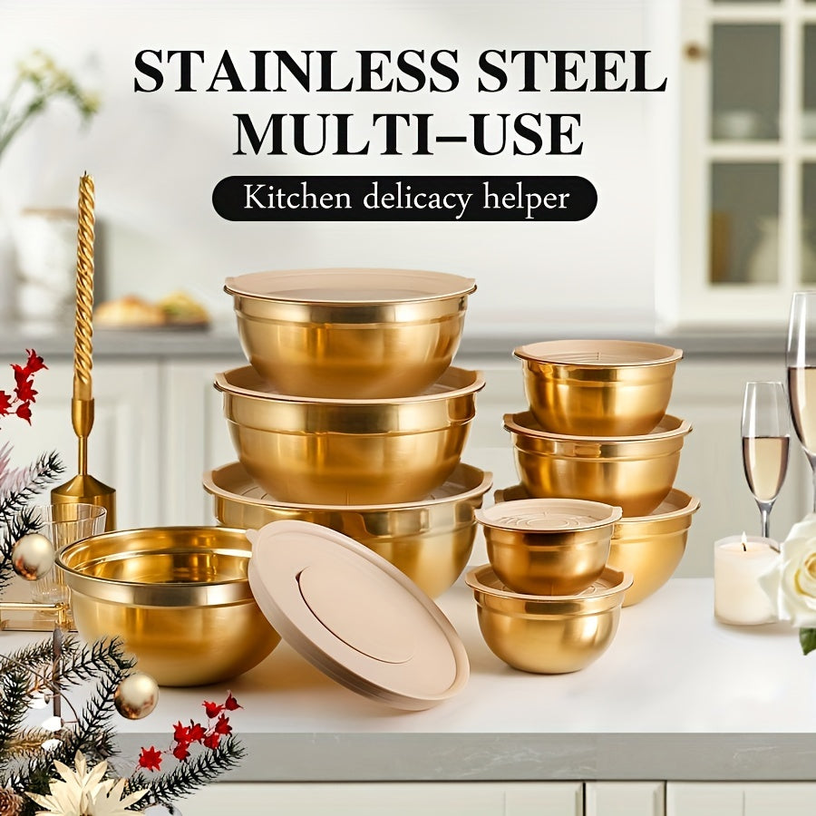Stainless Steel Mixing Bowl Set with Lids, Gold, Various Sizes, Dishwasher Safe