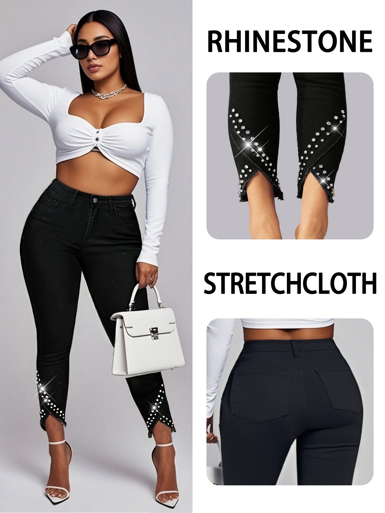 Pantalones de mujer de talla grande con dobladillo de diamantes y nueve décimas, casuales y ajustados