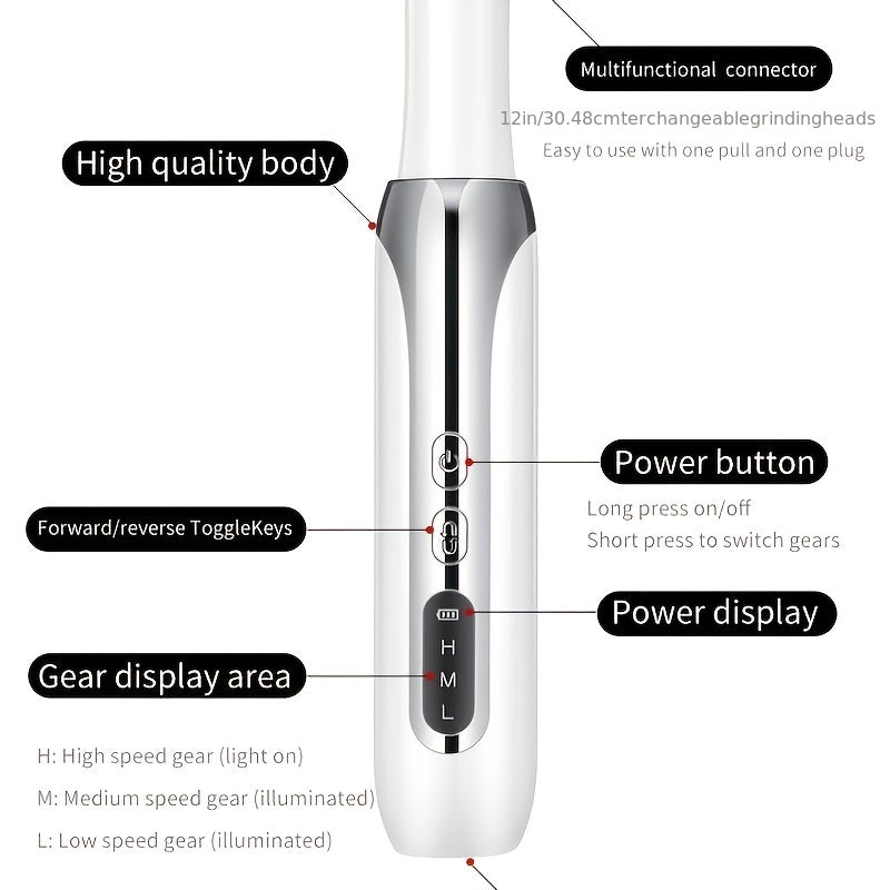 Electric Nail Drill Kit with 12 Grinding Heads USB Rechargeable 3-Speed Dual-Direction Manicure Pedicure Dead Skin Removal