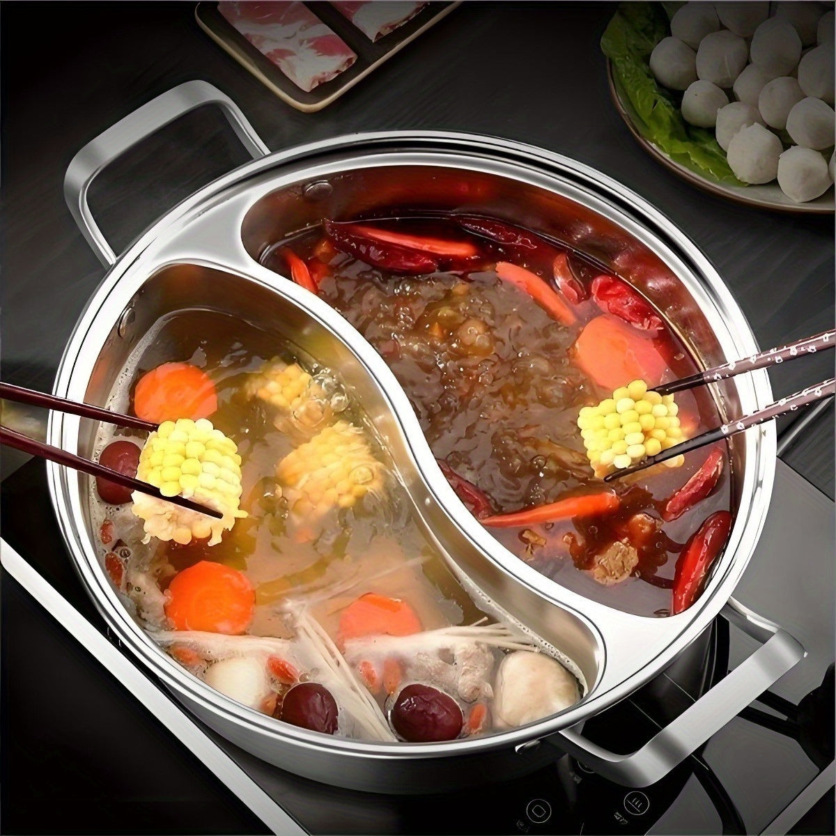 Stainless steel dual flavor hot pot with lid for gatherings induction compatible durable