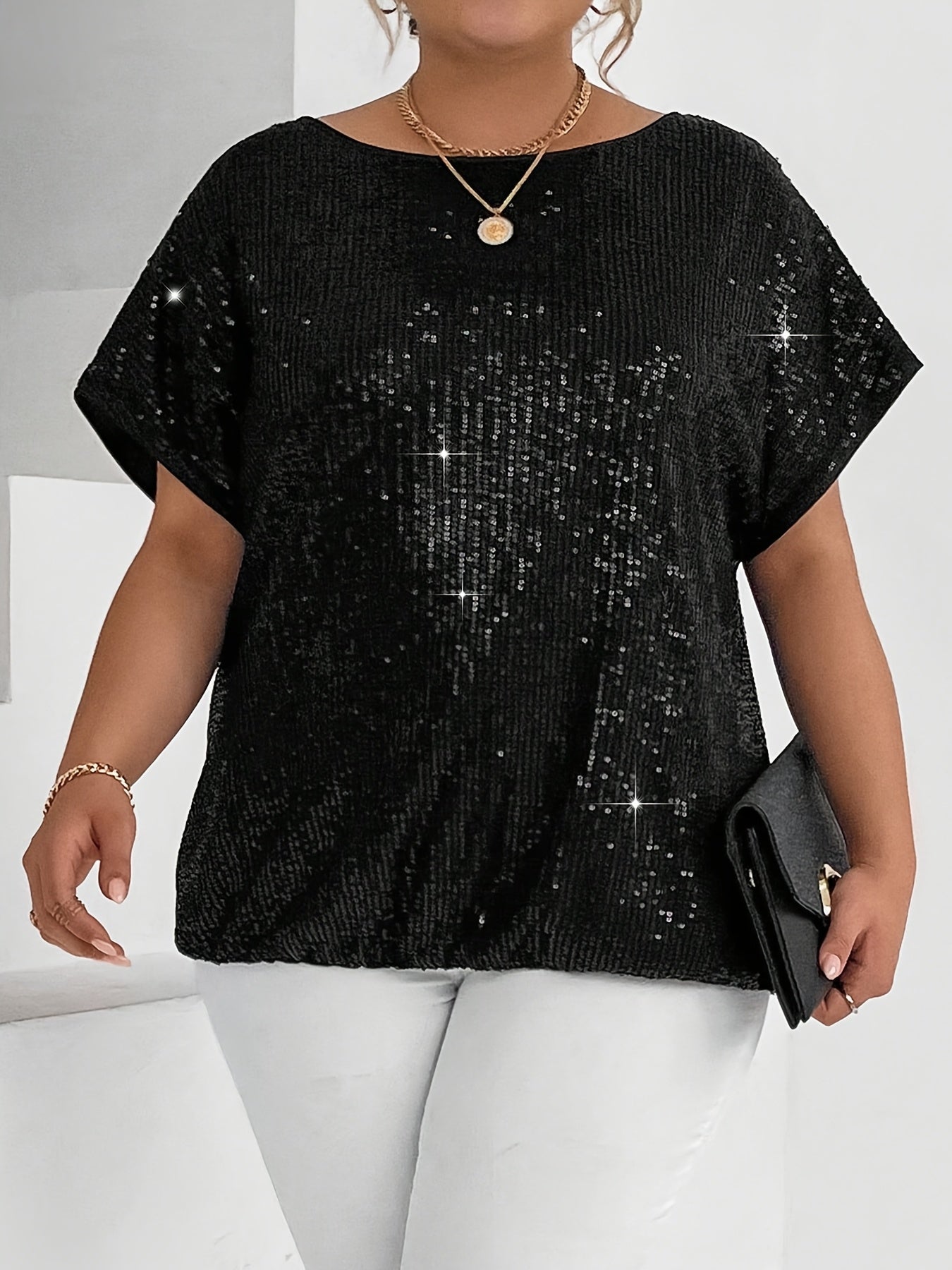 Plus Size Women's Sequin Short Sleeve T-Shirt Lightweight Silver Casual Top