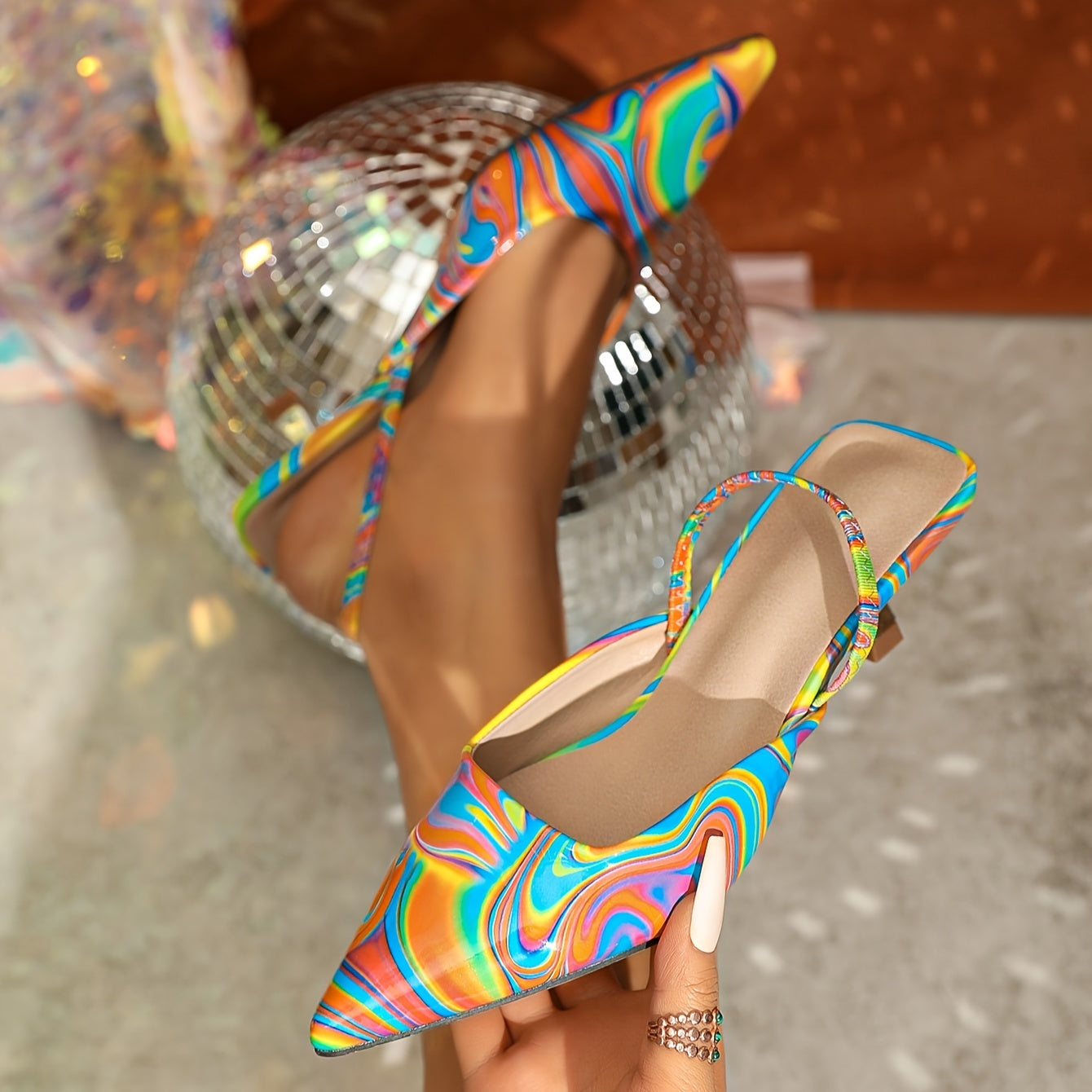 Women's Fashion Pumps Pointed Toe Low Heel Colorful Abstract Pattern