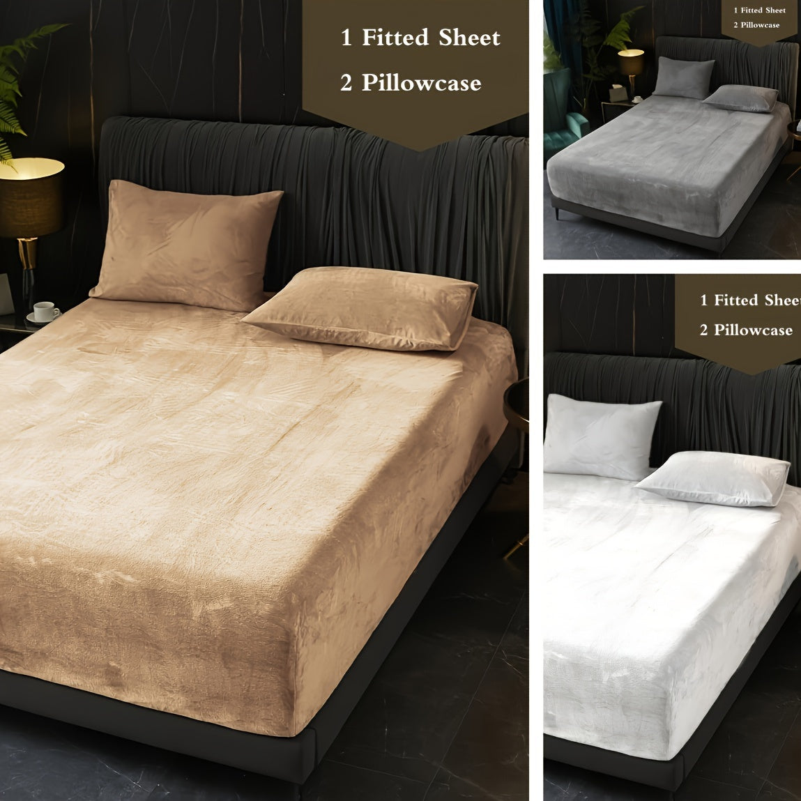 Velvet Fitted Sheet and Pillowcase Set 3-Piece Deep Pocket Bedding Soft Machine Washable