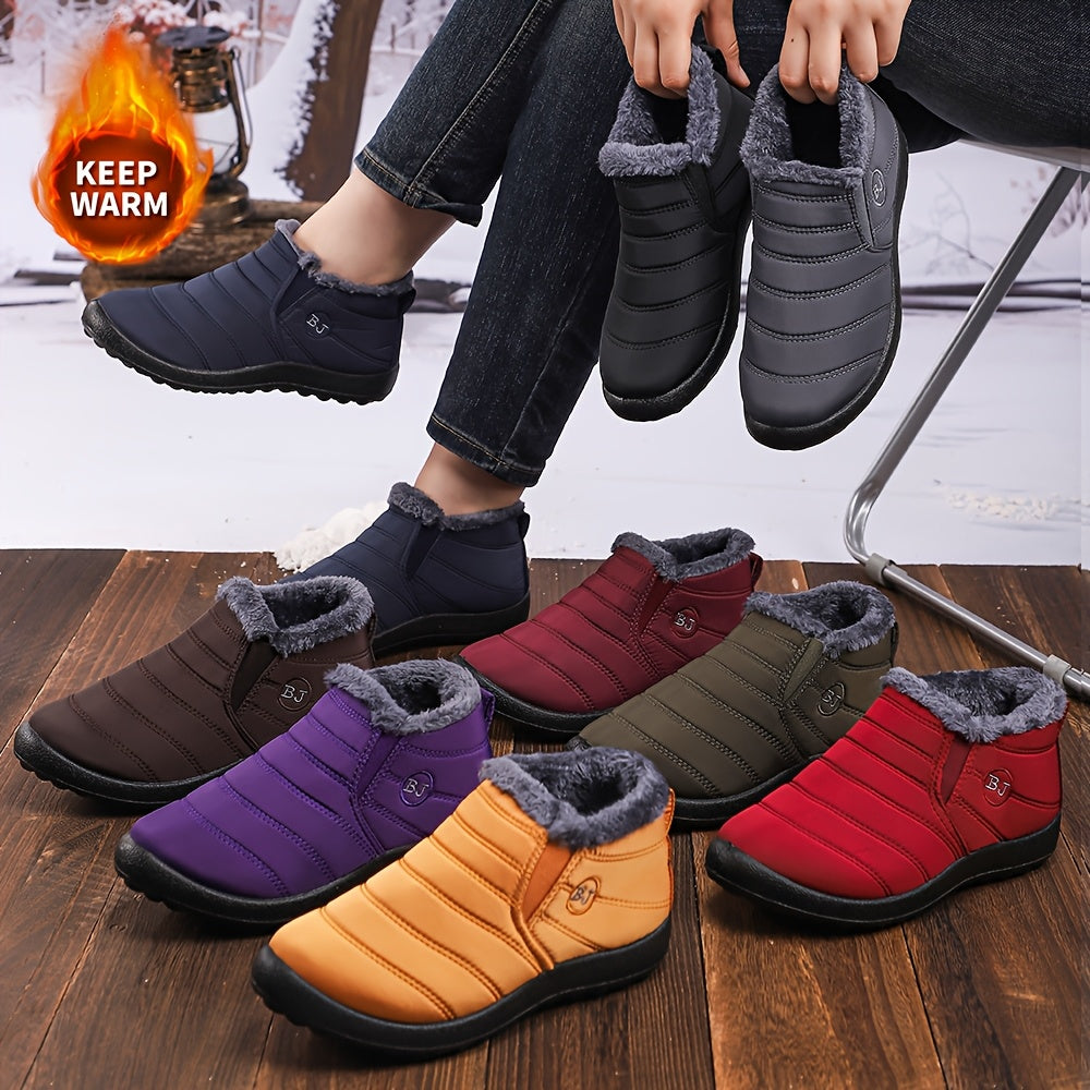 Women's Slip-On Ankle Boots Black Soft Fabric Plush Lining Comfortable Flat