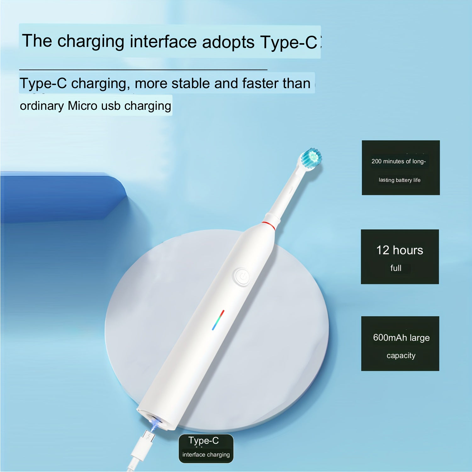 Kattalar uchun Elektrli aylanuvchi tish cho'tkasi, 4 ta cho'tka boshli, USB C zaryadlash