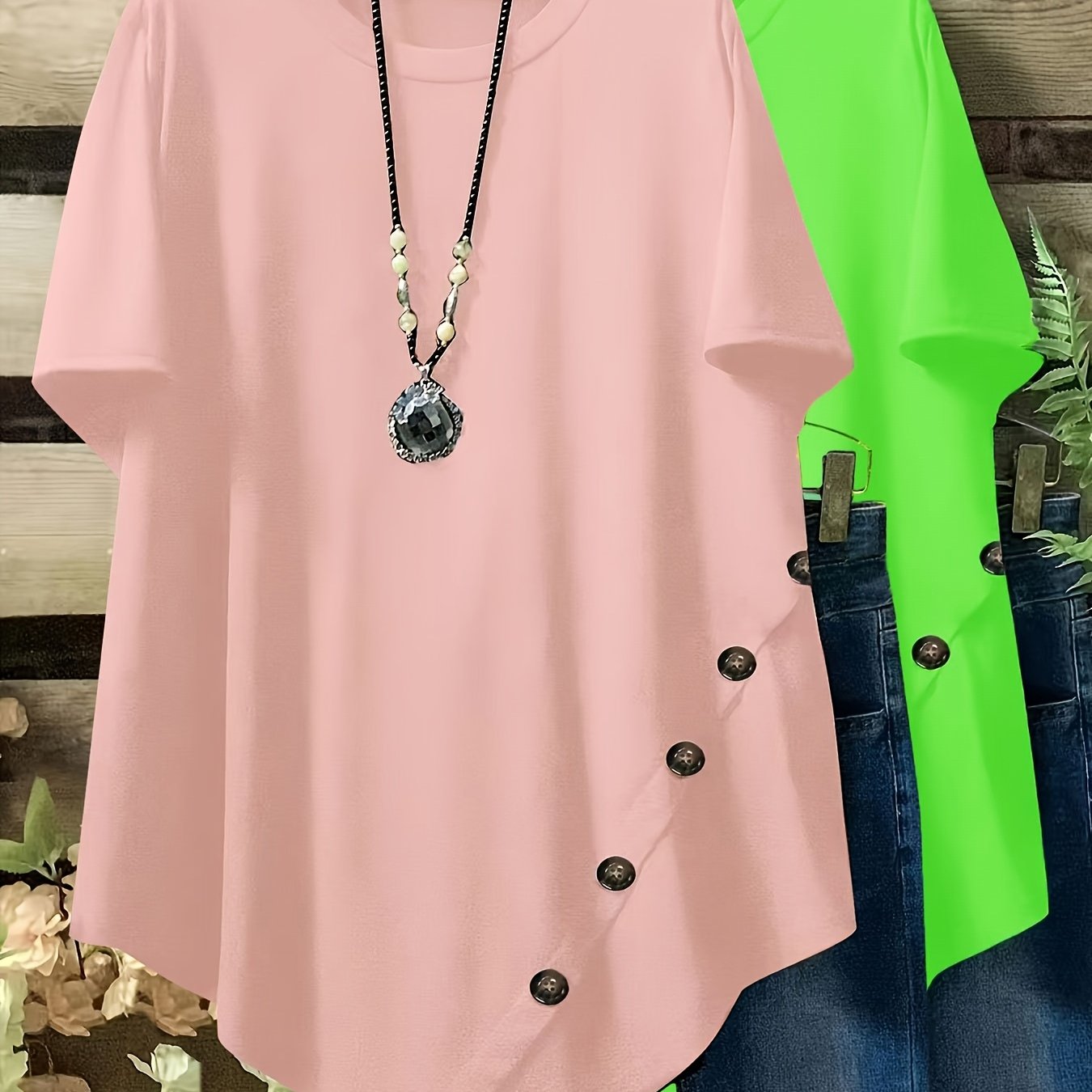 Plus Size Loose Fit Short Sleeve Casual T-Shirts with Button and Asym Hem