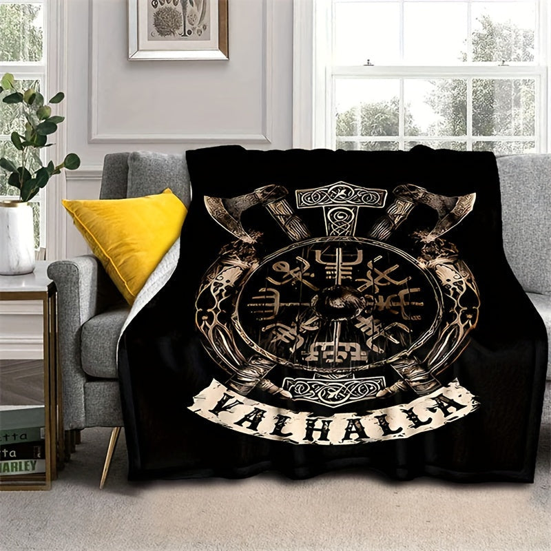 Plush Flanged Blanket with Retro Viking Logo Print for Camping Sofa Bed Couch and Office