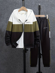 Boys' Color Block Hoodie and Pants Set Long Sleeve Zipper Pockets Casual Spring Fall
