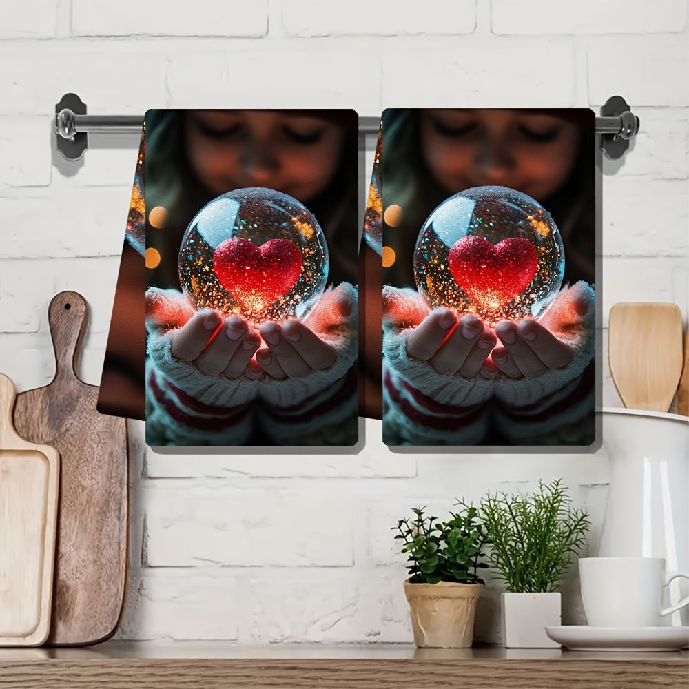 Set of 2 Ultra-Soft Kitchen Towels with Girl and Heart Snow Globe Design
