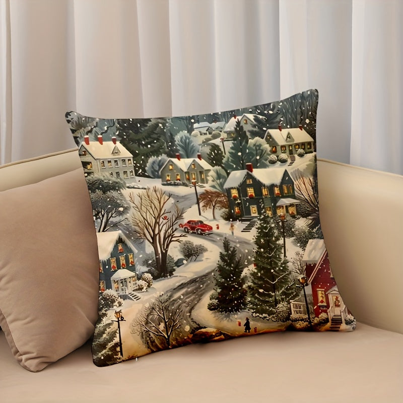Christmas Eve Snow Scene Linen Throw Pillow Cover 44.96cm Zippered Machine Washable for Sofa Living Room Bedroom