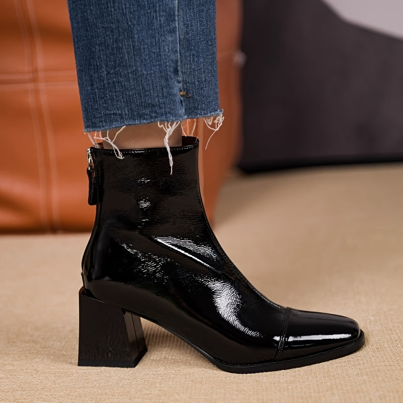 Women Ankle Boots Square Toe Faux Leather Chunky Heel All-Season