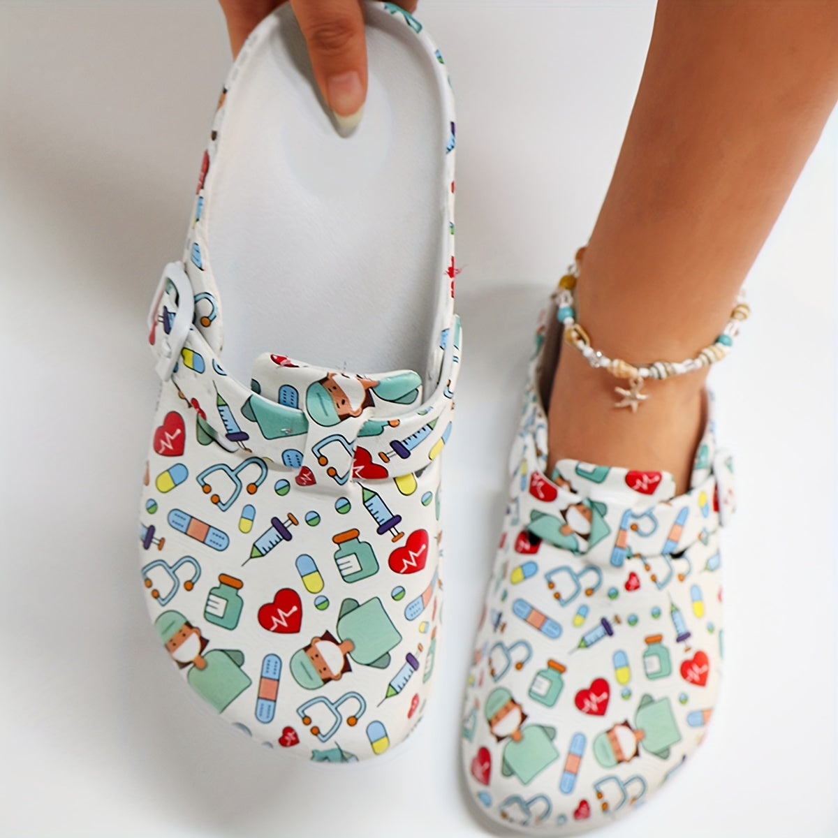 Women's Floral Print Mary Jane Slip-On Nurse Lab Shoes Non-Slip EVA