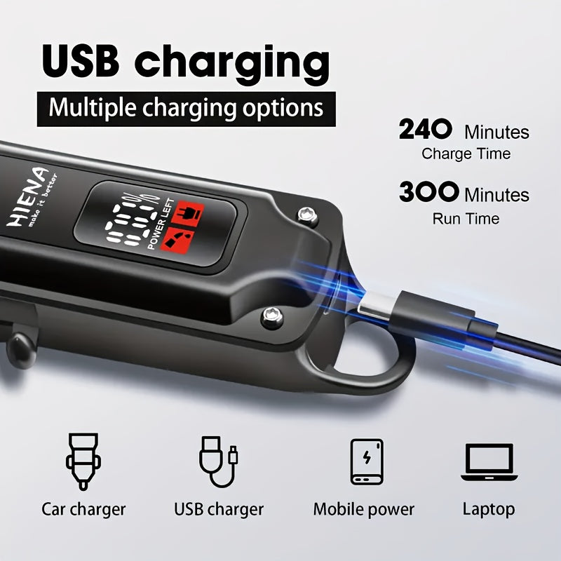 HIENA Erkaklar uchun parvarish to'plami LCD displey bilan - qayta zaryadlanadigan soch kesgich, soqol qirqish mashinasi va burun sochlari to'plami. USB zaryadlash, 1500mAh batareya, taroq hamda qo'shimchalar kiritilgan. Ideal Otalar kuni sovg'asi.