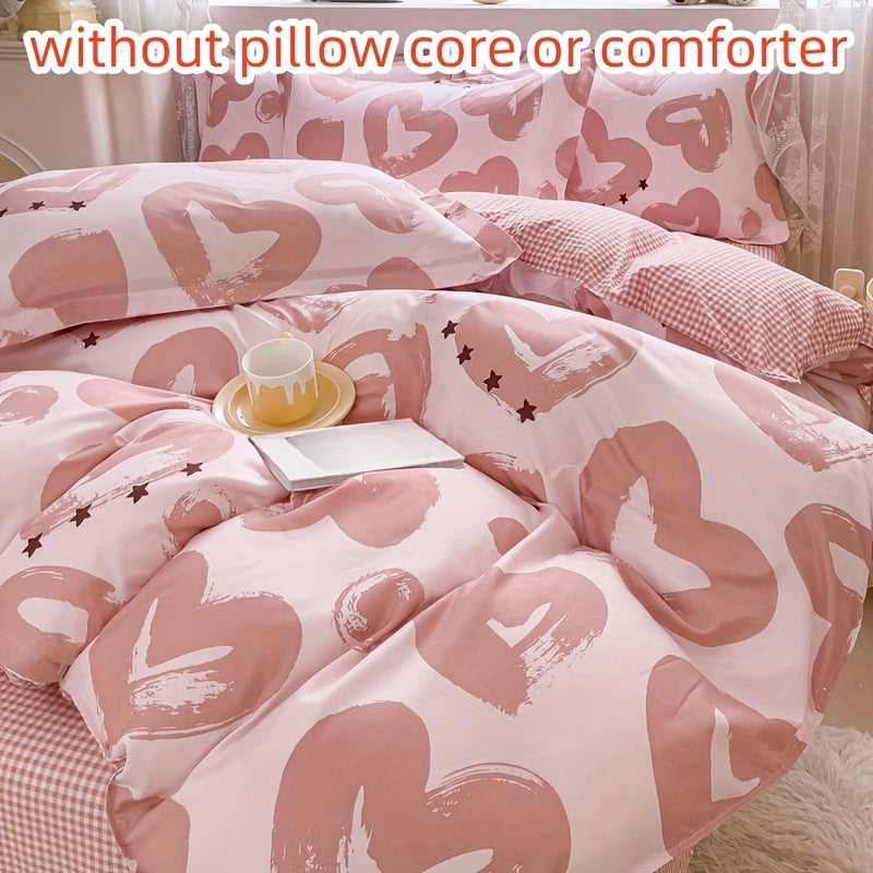 Pink Heart Print Duvet Cover Set 4 Pieces All-Season Bedding for Bedroom Guest Room