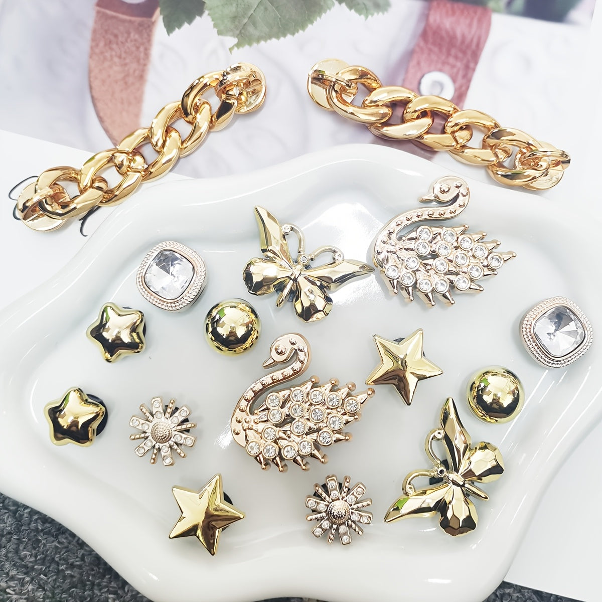 Women's Shoe Charms Set 16pcs Gold Butterfly Heart Rhinestone Snowflake