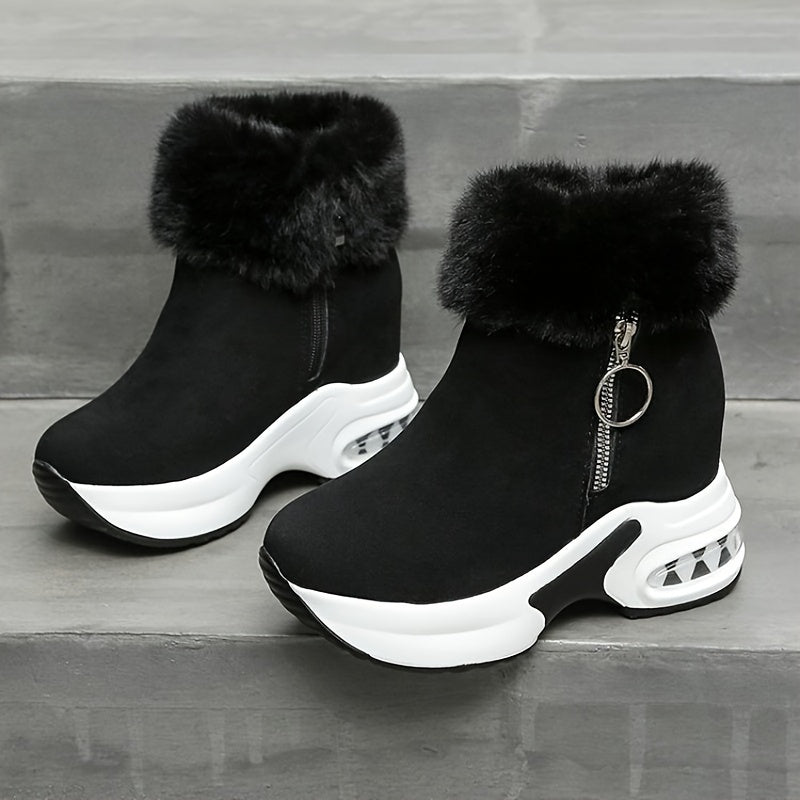Women's Fleece-Lined Ankle Boots with Plush Collar, Zipper Closure, Traction, Black Brown Grey