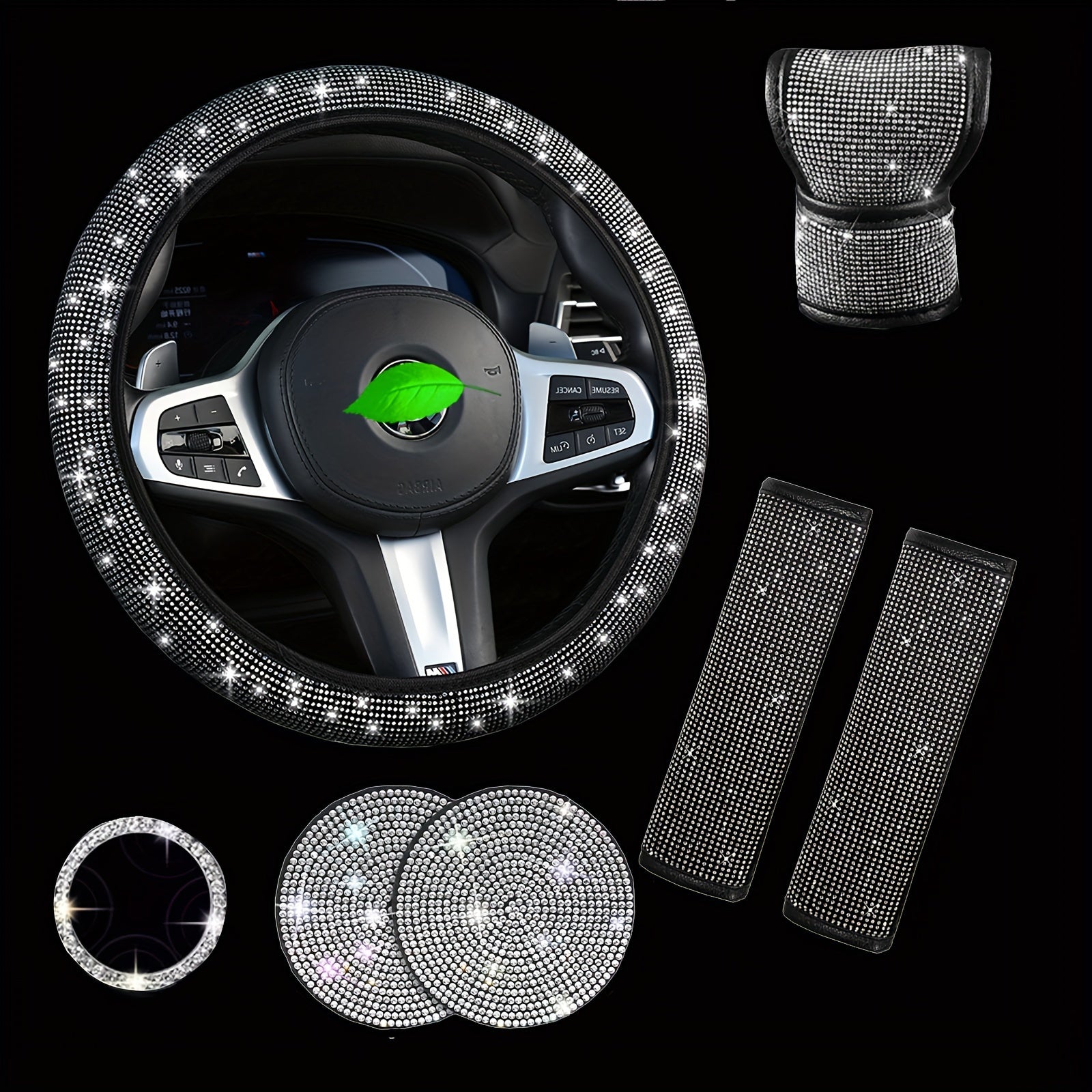 Bling Car Interior Accessory Set 7-Piece Diamond Steering Wheel Cover Rhinestone Seat Belt Coasters