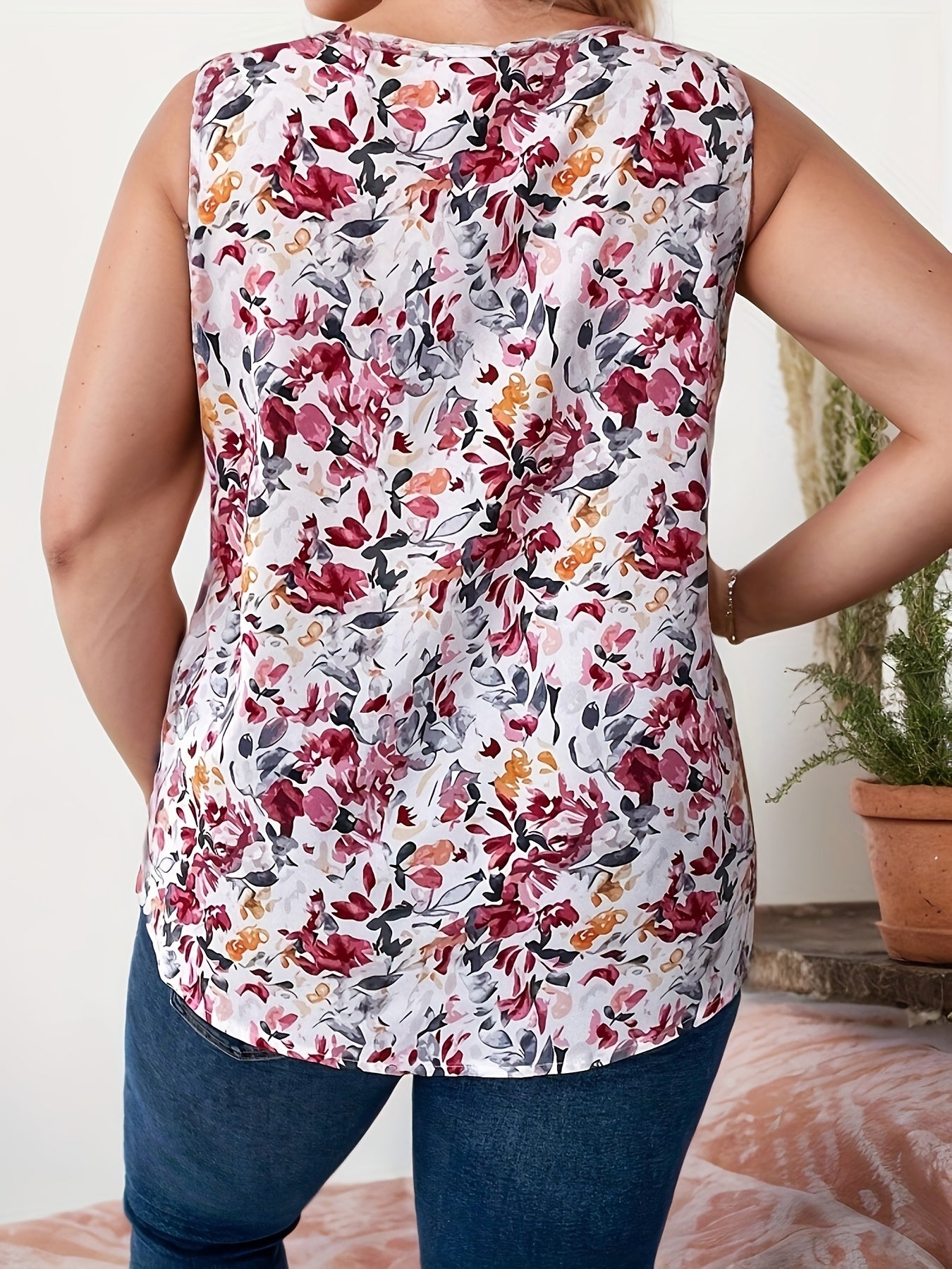 Women's Plus Size Floral Print V-Neck Sleeveless Tank Top Summer Casual Pink Red Green