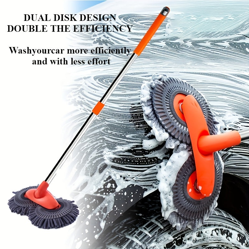 Dual Disk Car Wash Mop with Soft Brushes Stainless Steel Handle for Dusting and Detailing