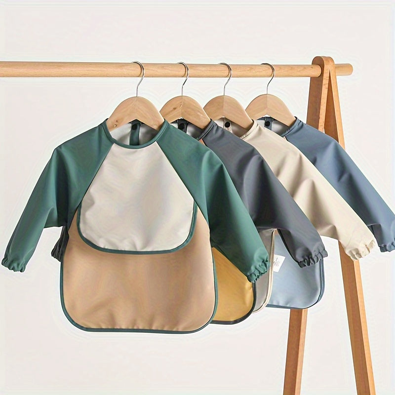 Bola uchun uzun qoʻlqopli, teskari oson ochiladigan ovqatlanish bibsi, suv o'tkazmaydigan choʻntak bilan, ovqatlanish uchun