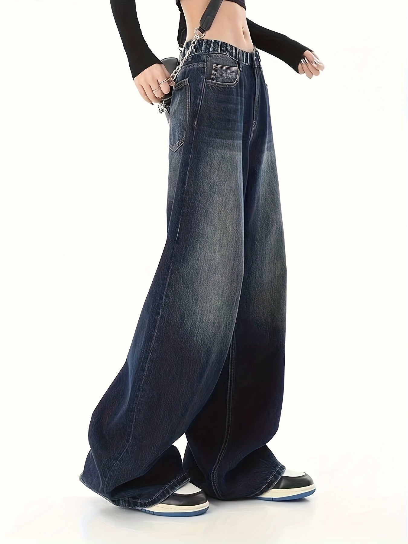 Teen Wide Leg Denim Jeans with Elastic Waist and Side Pockets for All Seasons