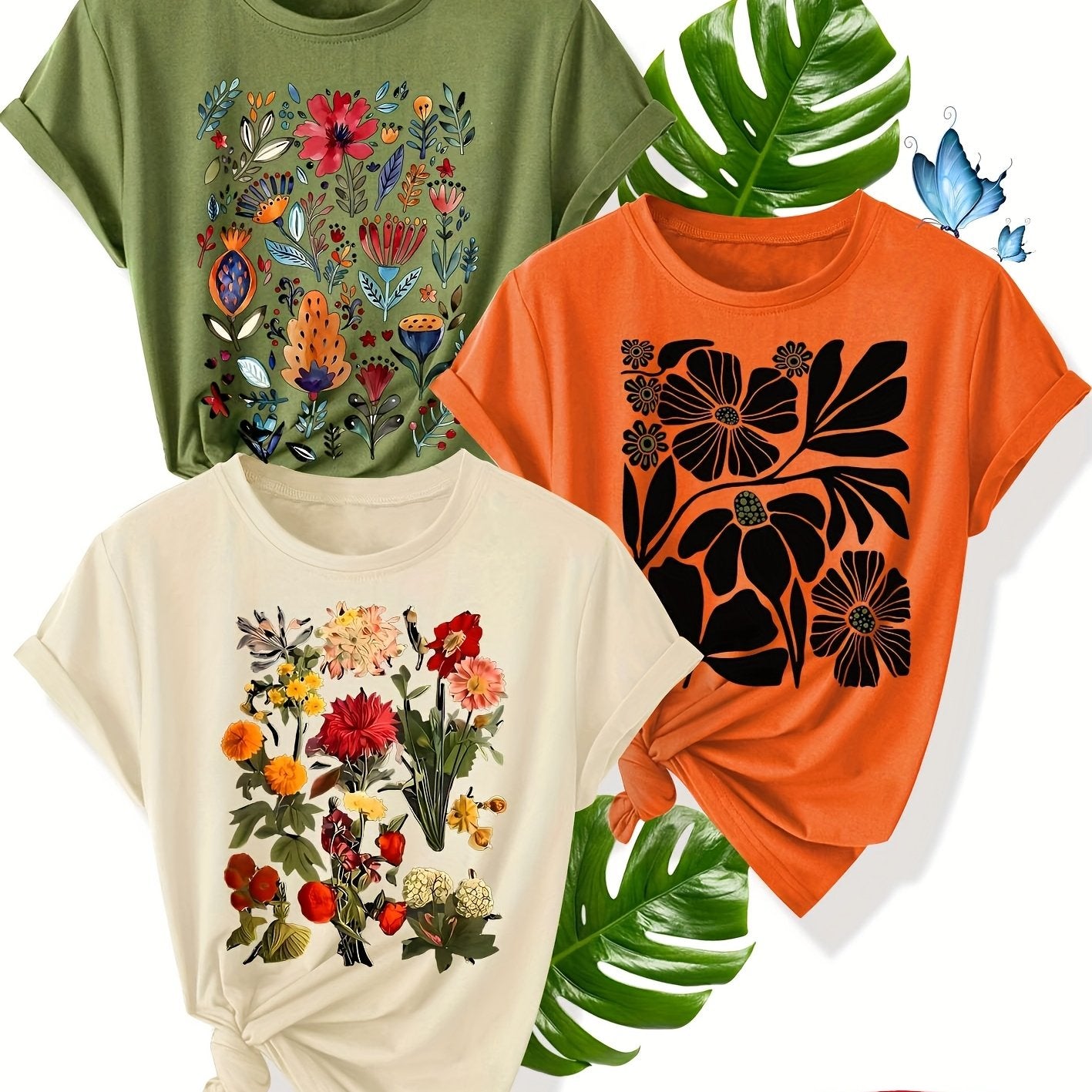 Women Floral Pattern Short Sleeve T-Shirt Summer Casual Top Multiple Colors