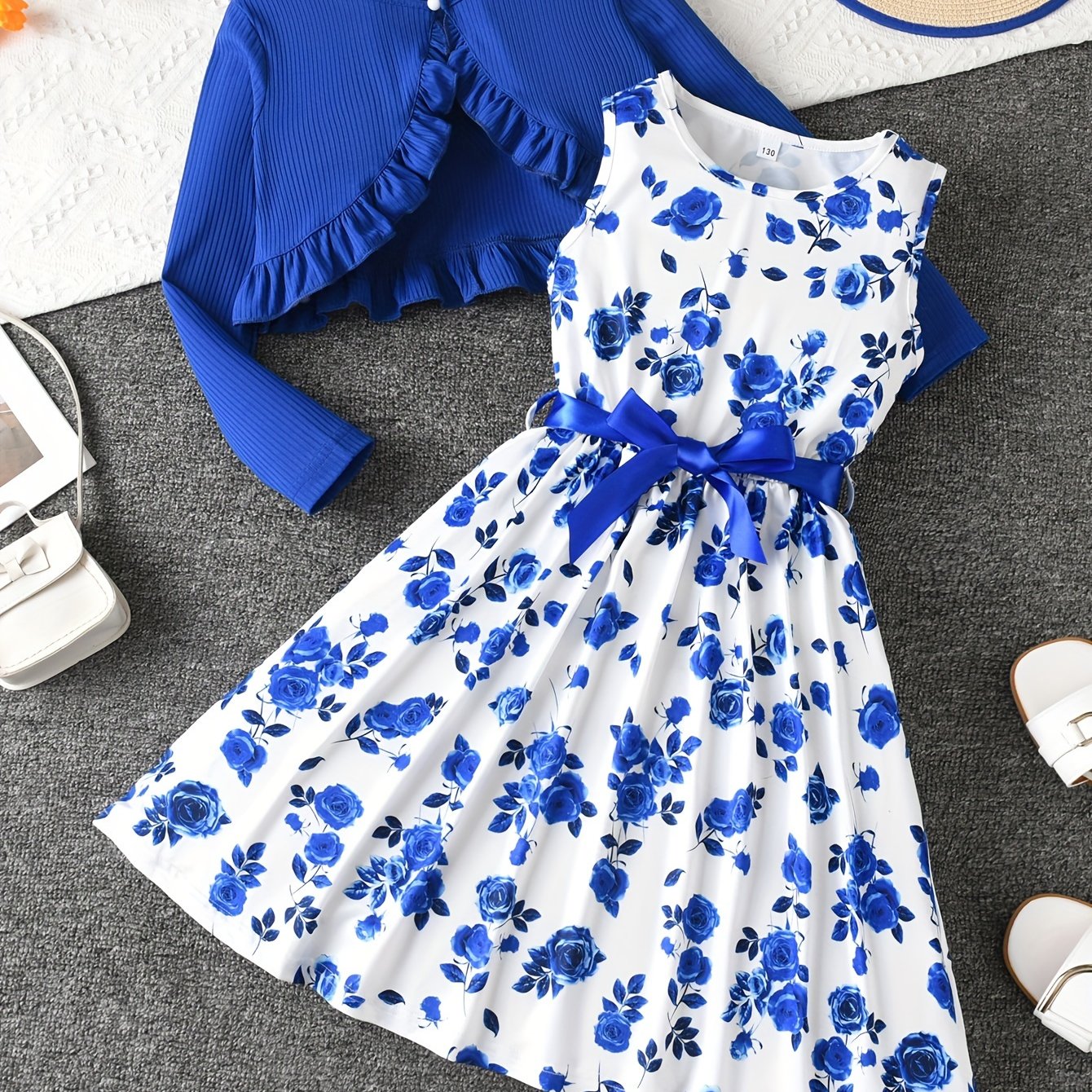 Girls' Spring Fall Floral Dress Set with Ruffle Hem and Crew Neck Top