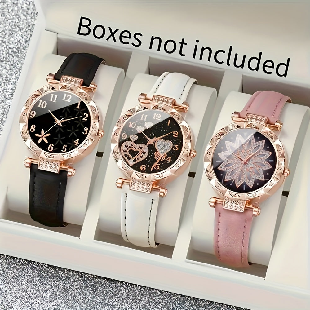 Women's Quartz Watch Set with Rhinestone Heart Dial and PU Leather Strap 3-Piece