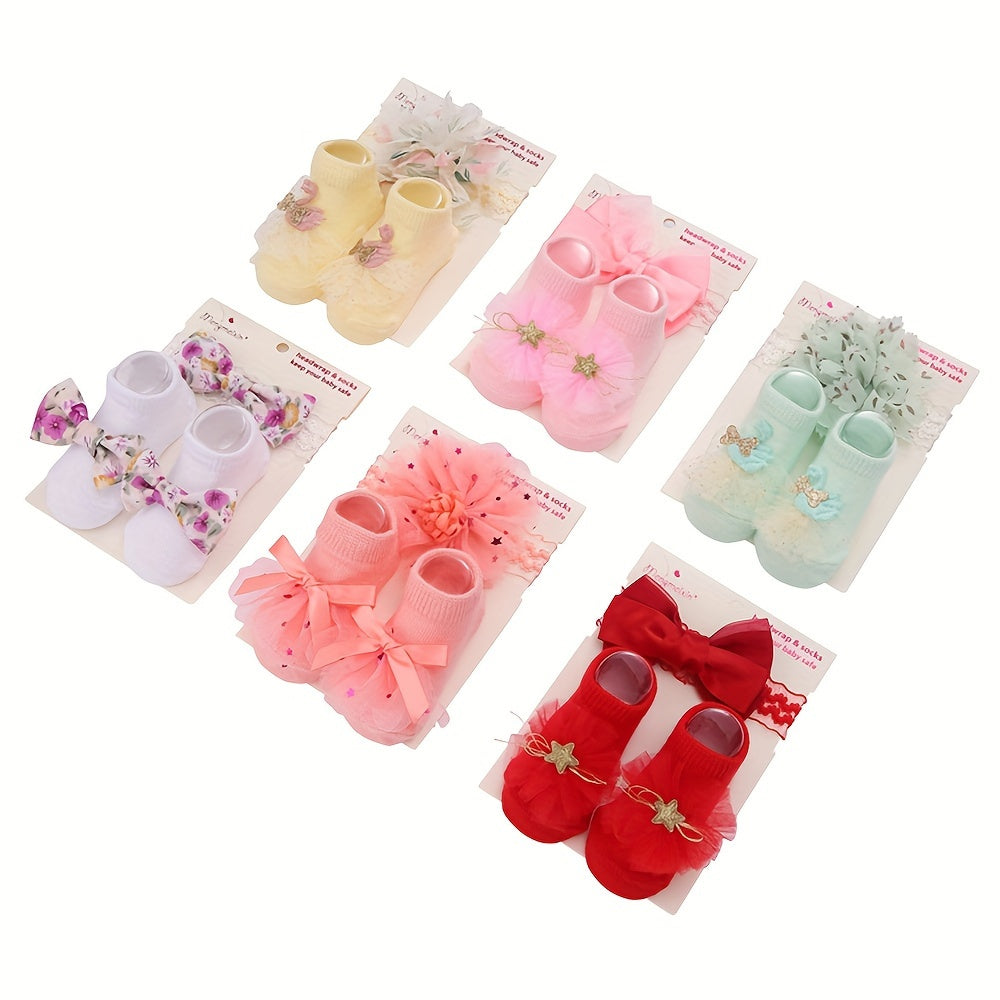 Kids' Cotton Blend Lace Bow Low-Cut Socks and Hairbands Set for Spring Summer