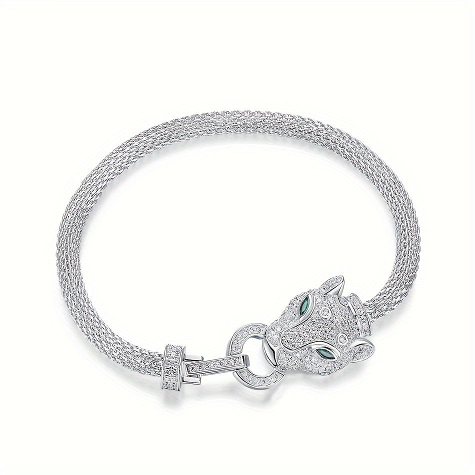 Pulsera de plata de ley con dije de cabeza de leopardo y detalles de zirconia para mujer