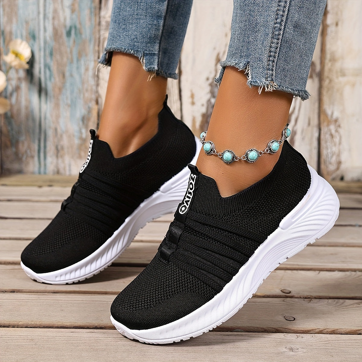 Women's Slip-On Sneakers White and Black Casual Shoes for Summer and Travel