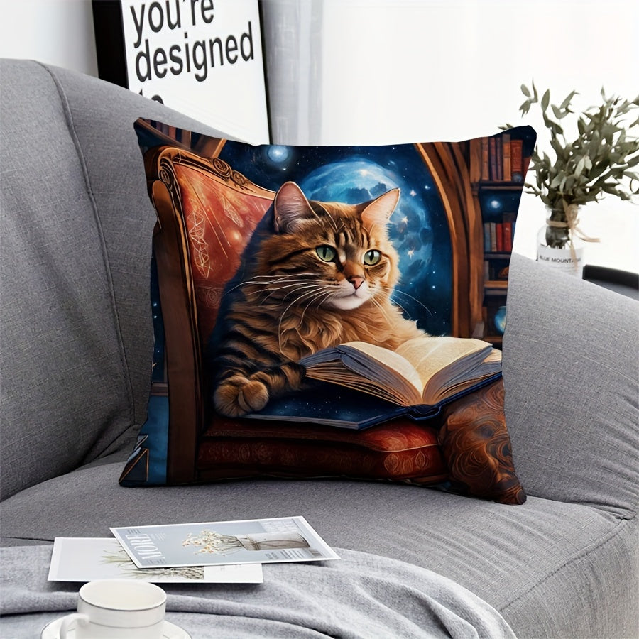 Cat Themed Velvet Pillow Cover 17.7 Inch Square Zipper Closure Machine Washable