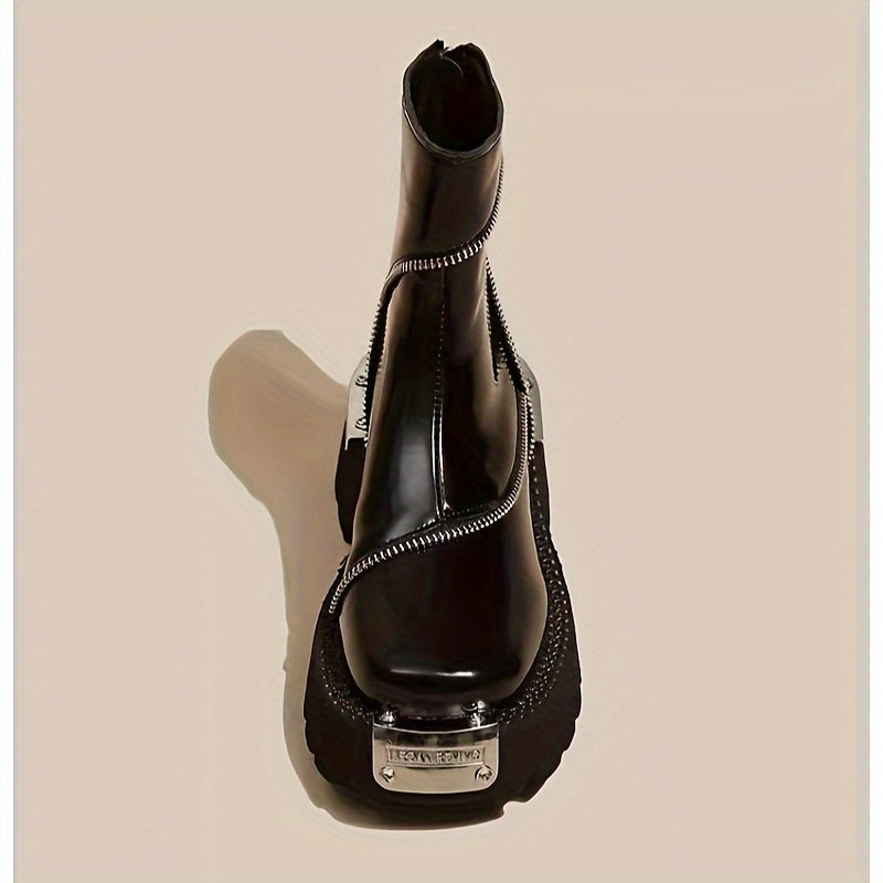 Women's Black Square Toe Ankle Booties with Zipper Platform Heel Rubber Sole