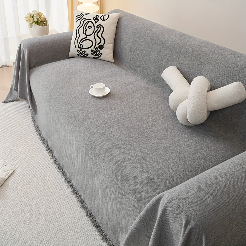 Chenille Sofa Throw Waterproof Baby Fleece Cover All-Season Universal Fit Tassel Machine Washable