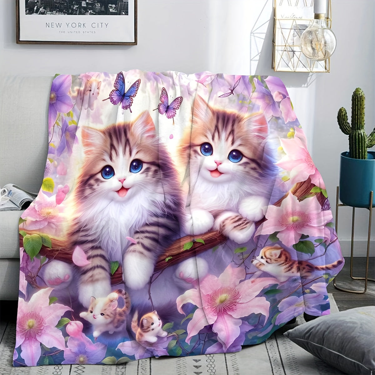 Cozy Plush Throw Blanket with Cat Print Flannel Polyester All-Season Home Decor