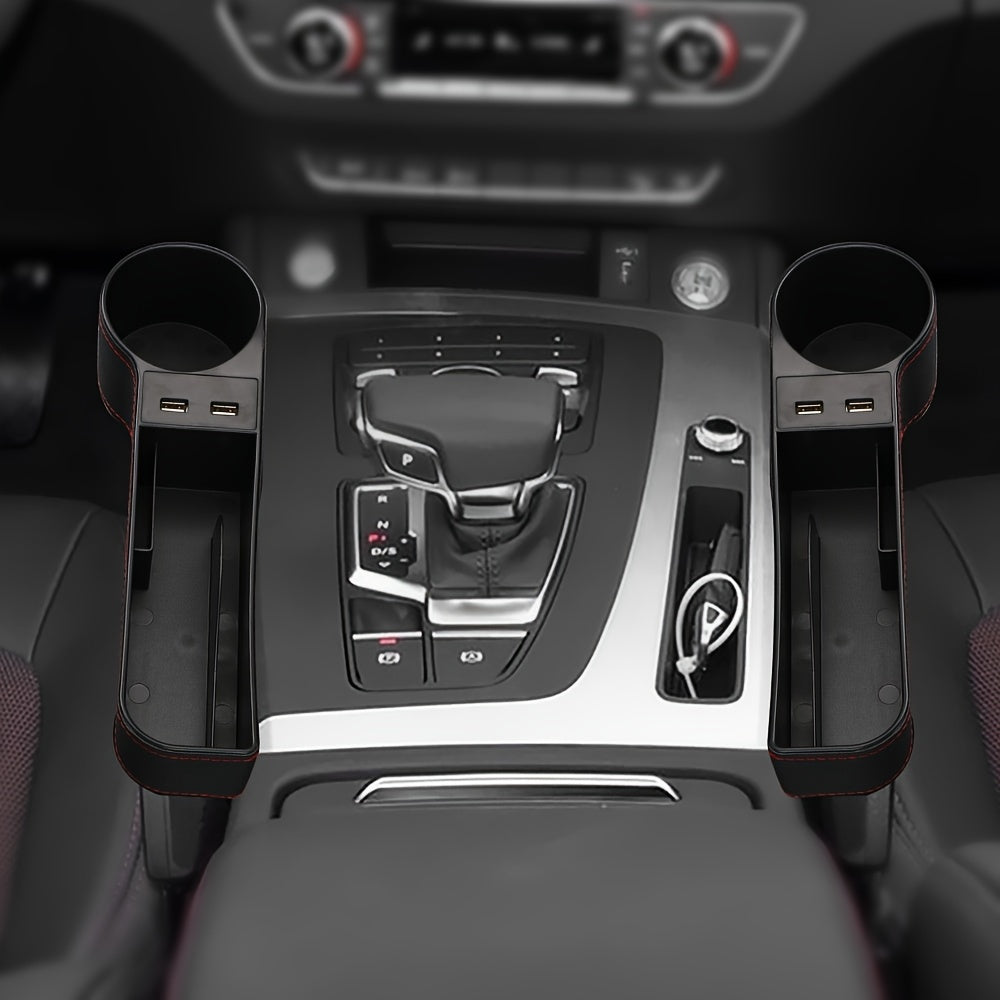 Organizador de asientos de coche con caja de almacenamiento y cargador USB dual, portavasos y vaso de agua